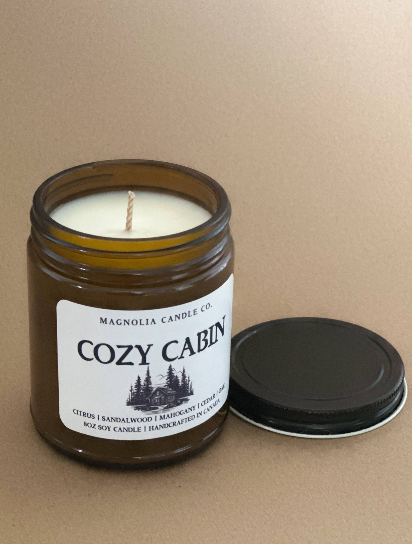 Cozy Cabin - Amber Glass Jar 8oz Soy Candle