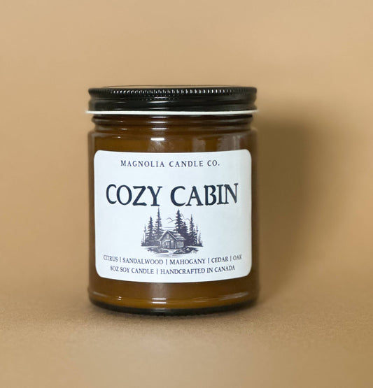 Cozy Cabin  - Amber Glass Jar 8oz Soy Candle